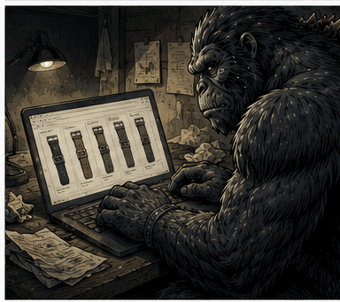 Wristzilla hunched over a laptop, comparing watch straps online