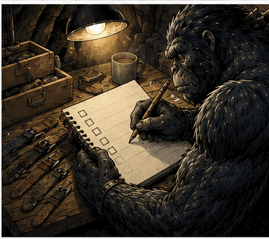 Wristzilla writing a list of watch straps by lamplight