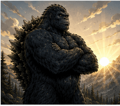 Wristzilla standing tall at sunrise, arms crossed, mission accomplished